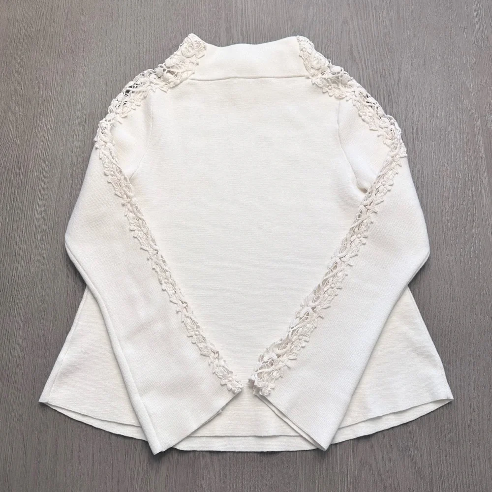 Anthropologie Ivory Cashmere Blend Funnel Neck Sweater w/ Lace Shoulders | M - Picture 3 of 7